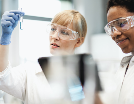 Two laboratory technicians, one of them is looking to a sample Two laboratory technicians, one of them is looking to a sample